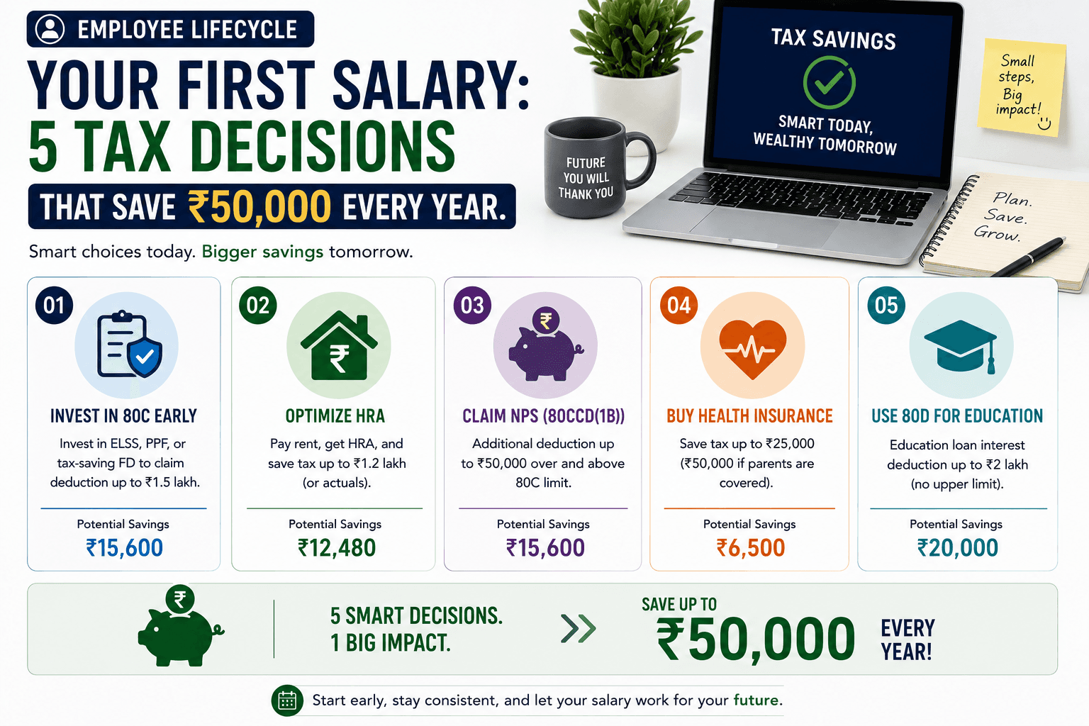 Employee Lifecycle Your first salary: 5 tax decisions that save ₹50,000 every year.
